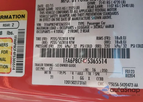 2015 Ford Mustang Gt z USA, uszkodzony, nr VIN 1FA6P8CF4F5365514